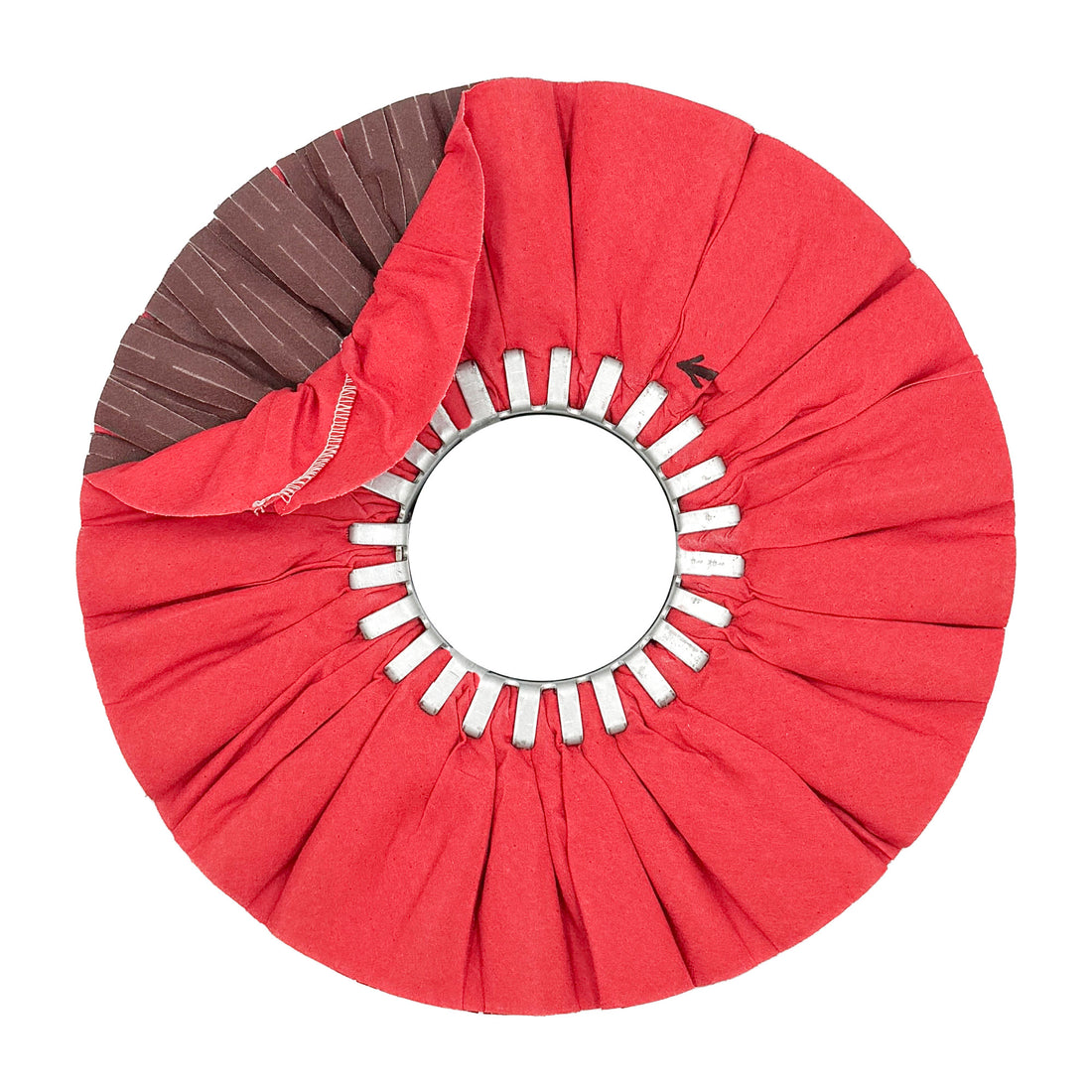 Red Sanding Airway Buff with fabric folded back to reveal the abrasive strips