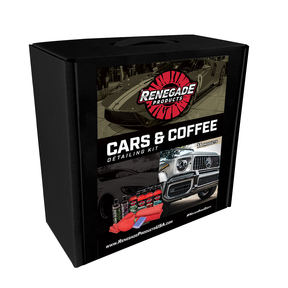 Renegade Products USA Cars & Coffee Detailing Kit, artfully displayed with a variety of bottles, cloths, and accessories. This complete car care kit includes everything needed for a thorough vehicle detailing, from washing to polishing. Its attractive packaging makes it an ideal gift for automotive enthusiasts, allowing for professional-level care at home.