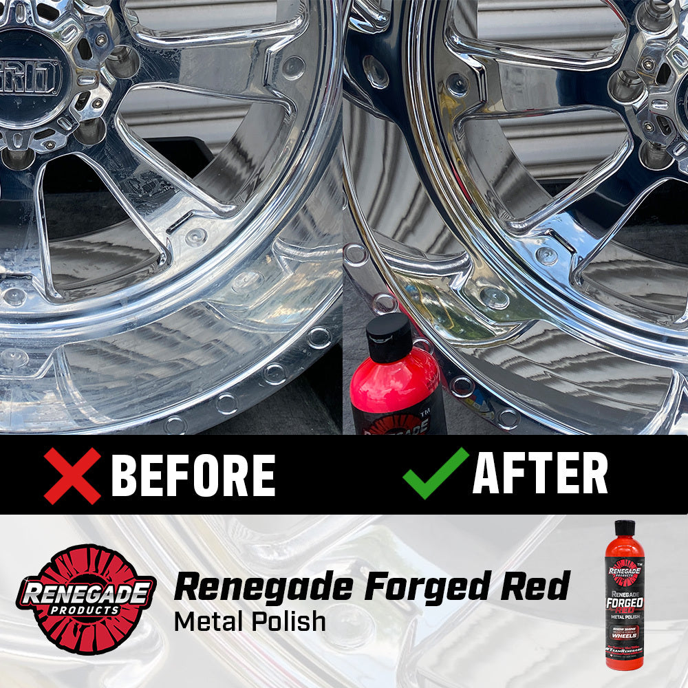 Before and after forged aluminum wheel polished with Renegade Forged Red Metal Polish
