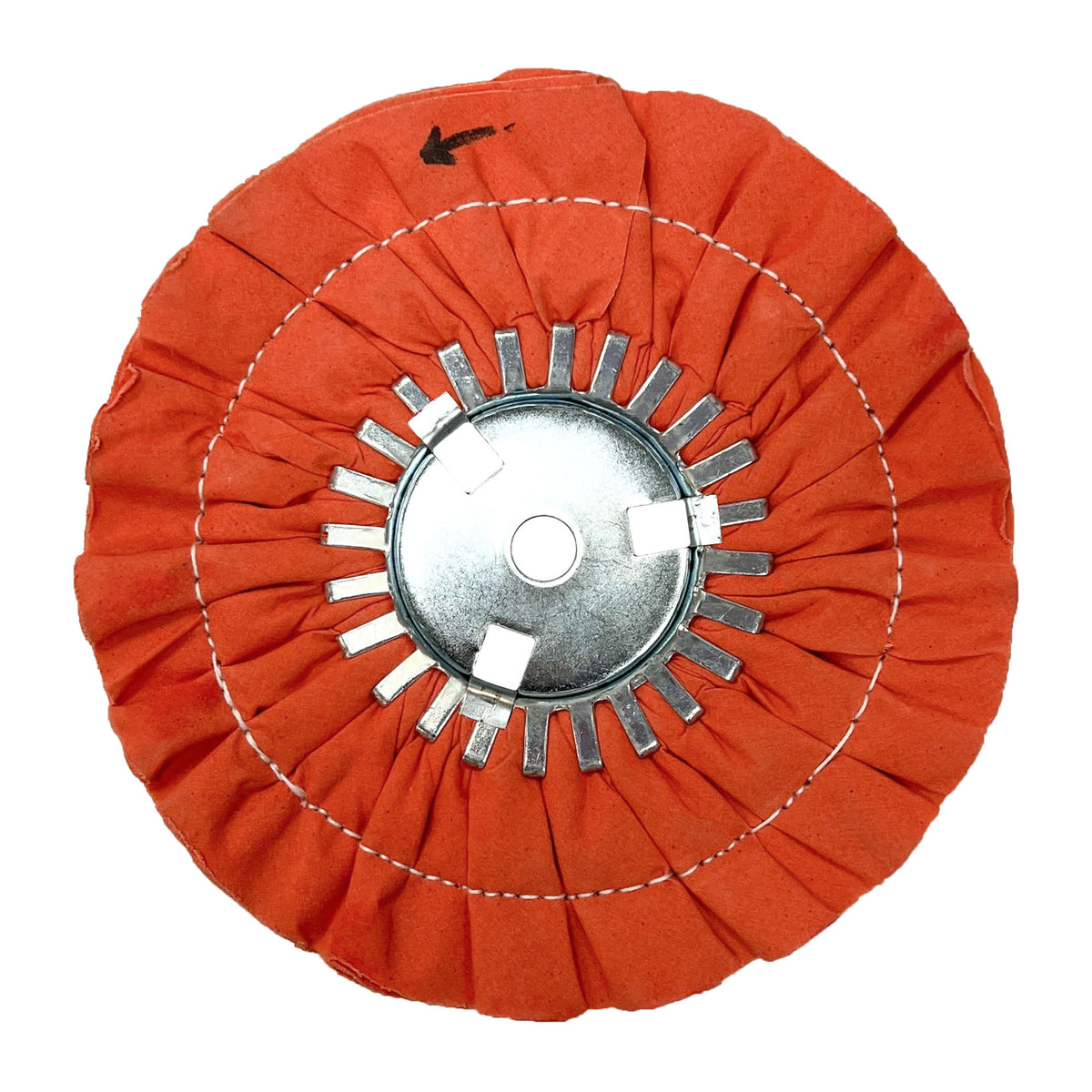Renegade Products USA&#39;s orange 9&quot; stitched airway buffing wheels, perfect for achieving a high-quality finish with exceptional polishing capabilities, with center plate