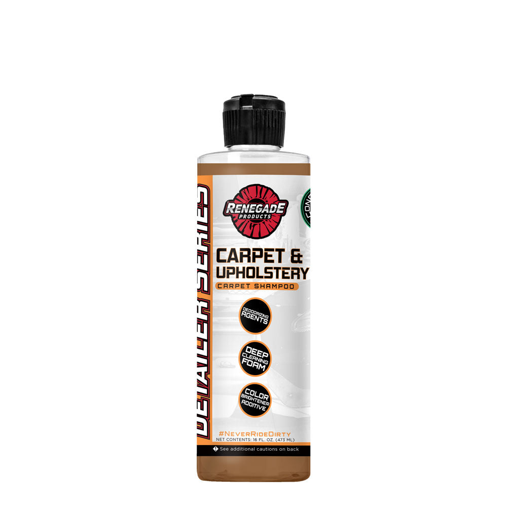 16 oz bottle of Renegade Products USA Carpet & Upholstery Shampoo, pictured against a clean background. Specially formulated for deep cleaning of vehicle carpets and upholstery, this shampoo penetrates and lifts away dirt and stains, leaving fabrics fresh and revitalized.