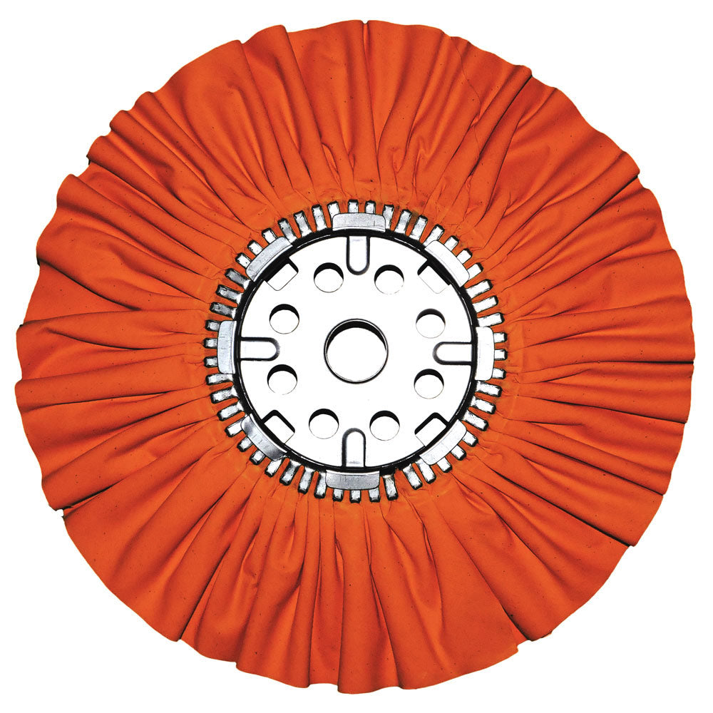14&quot; orange airway buffing wheel with center plate, manufactured by Renegade Products, designed for professional-grade buffing applications.