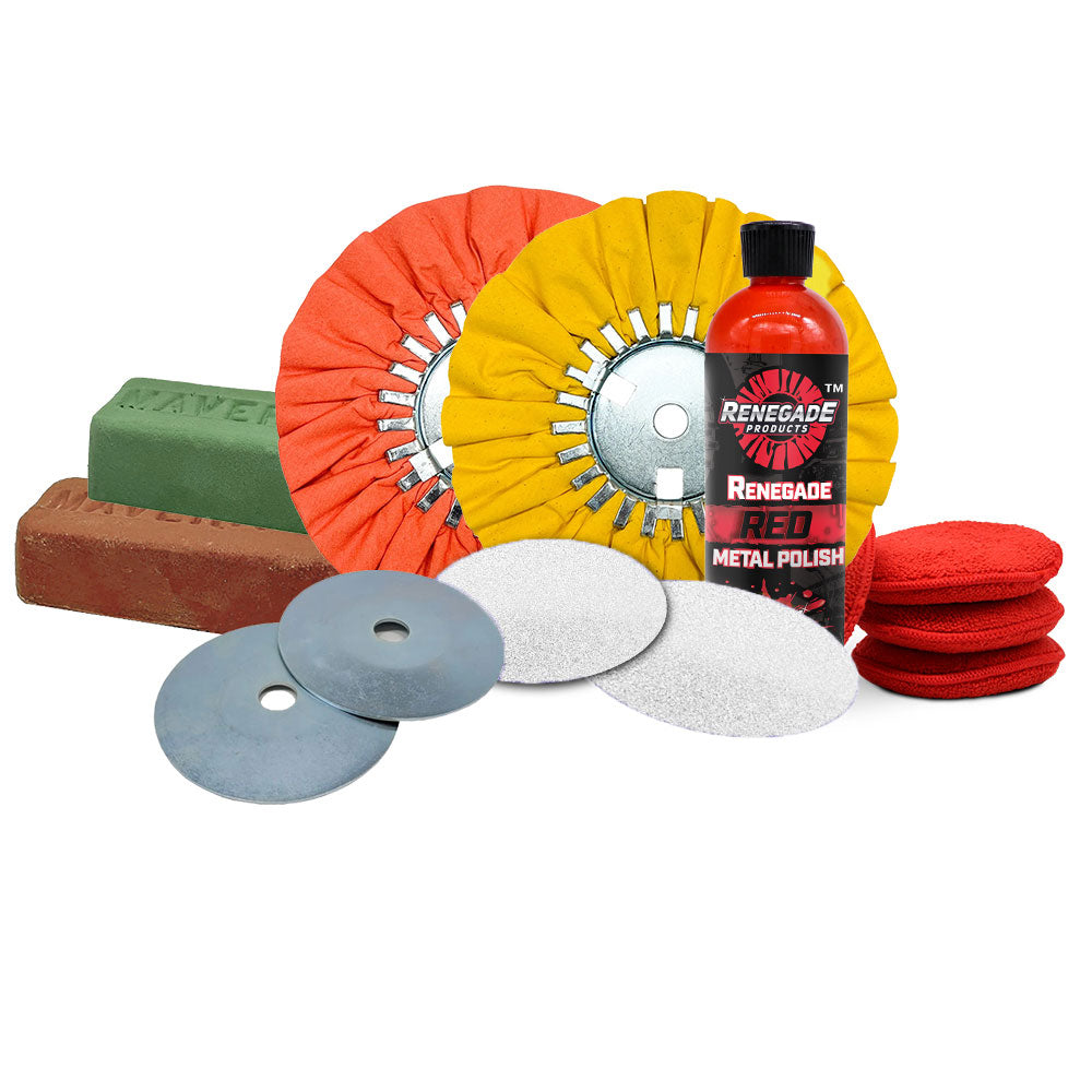 Renegade pontoon boat polishing kit with airway wheels, compounds, sanding discs and metal polish