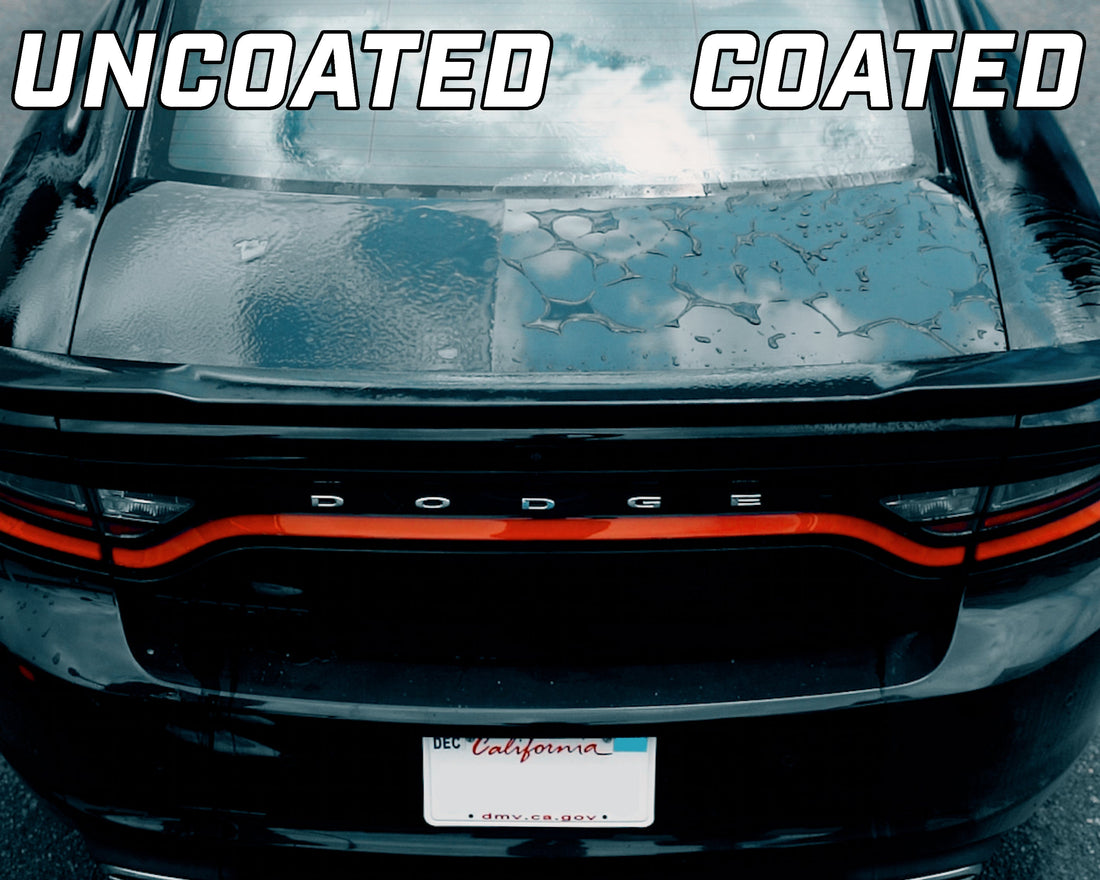 Car hood comparison labeled uncoated and coated with water beading