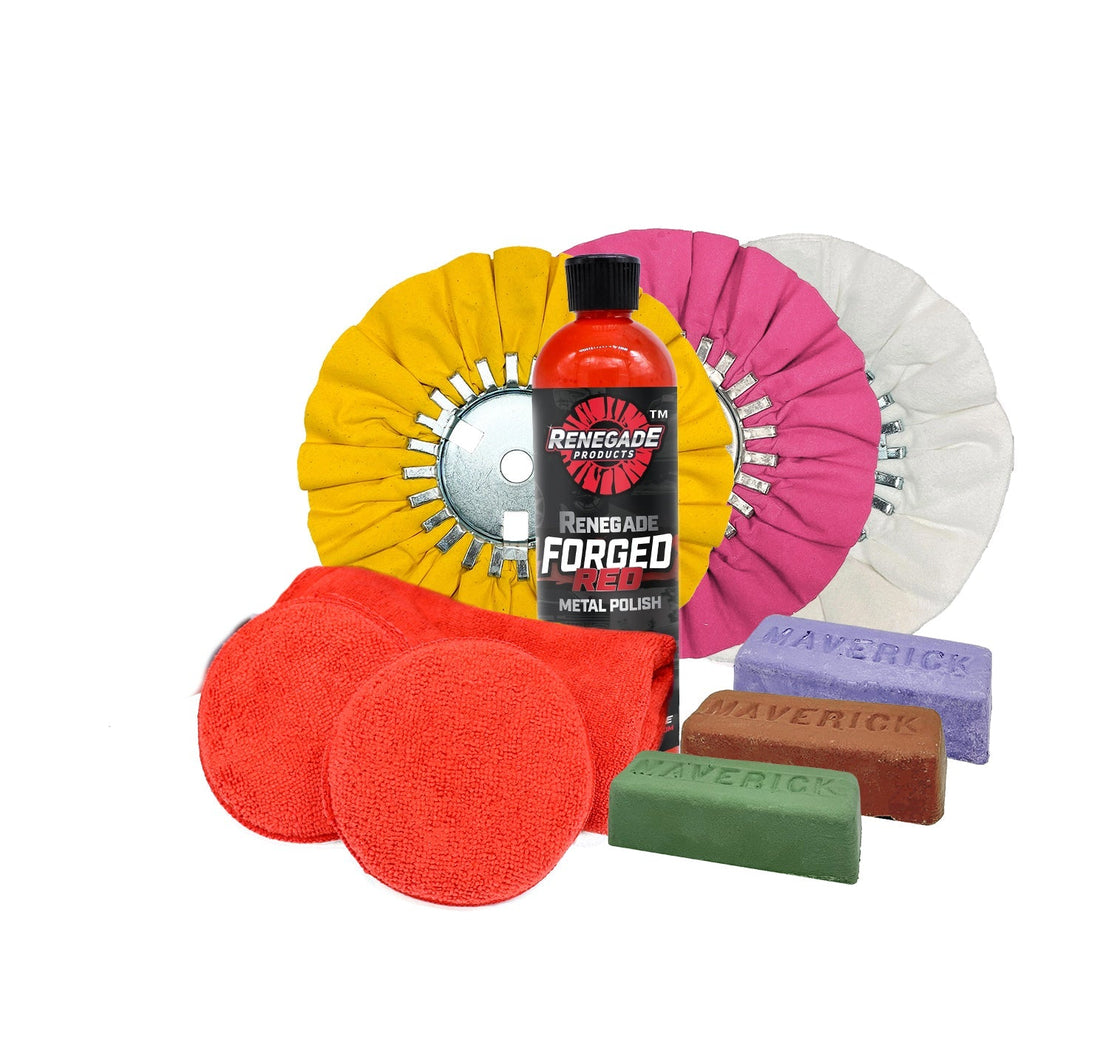 Renegade forged wheel polishing kit with airway wheels, compounds and sanding discs