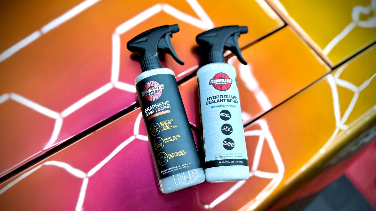 Renegade Graphene + Ceramic Spray Coating and Hydro Guard Ceramic Spray on a colorful car hood