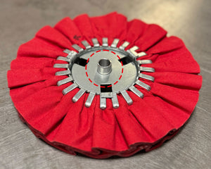 1/2 to 5/8 inch aluminum Shaft Adapter for Bench Grinders, demonstrating installation with red airway buffing wheel.