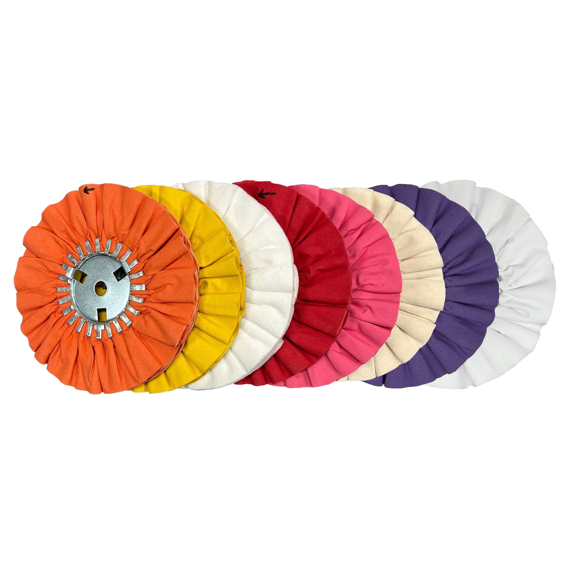 Assorted Airway Buffing Wheels designed for polishing different metals, including options for aluminum and stainless steel.
