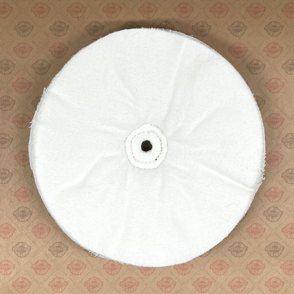 Close-up of Single-Stitched Loose-Ply Buffing Wheel with 1/2 Arbor Hole for metal polishing.