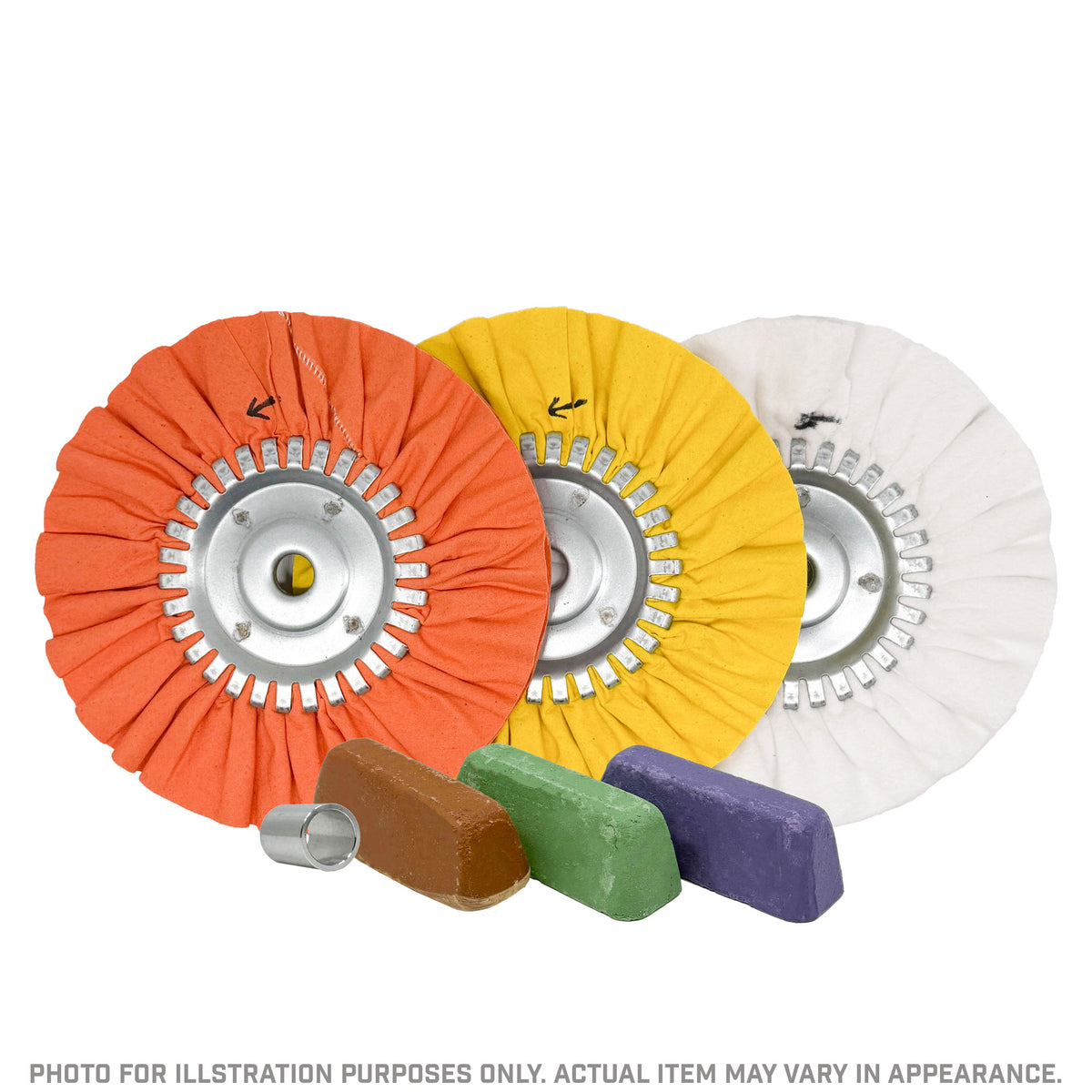 Aluminum DIY polishing bundle with three airway wheels, compounds and adapter