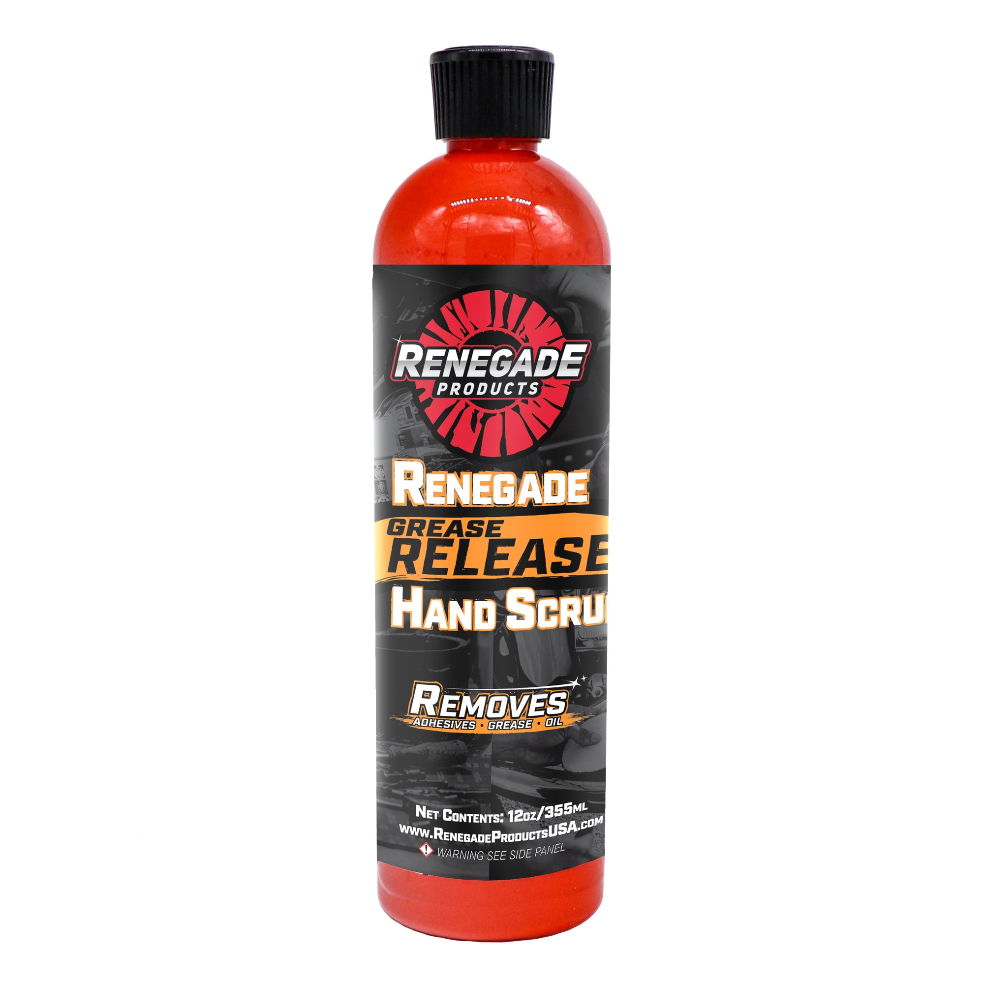 Container of Renegade Grease Release Hand Scrub, a biodegradable and non-toxic cleaner with pumice particles.