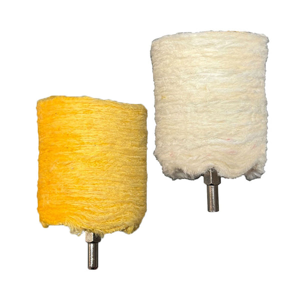 Two barrel polishing buffs/pads, one yellow and one white, on a white background