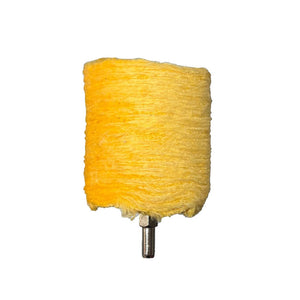 one yellow barrel polishing buff/pad on a white background