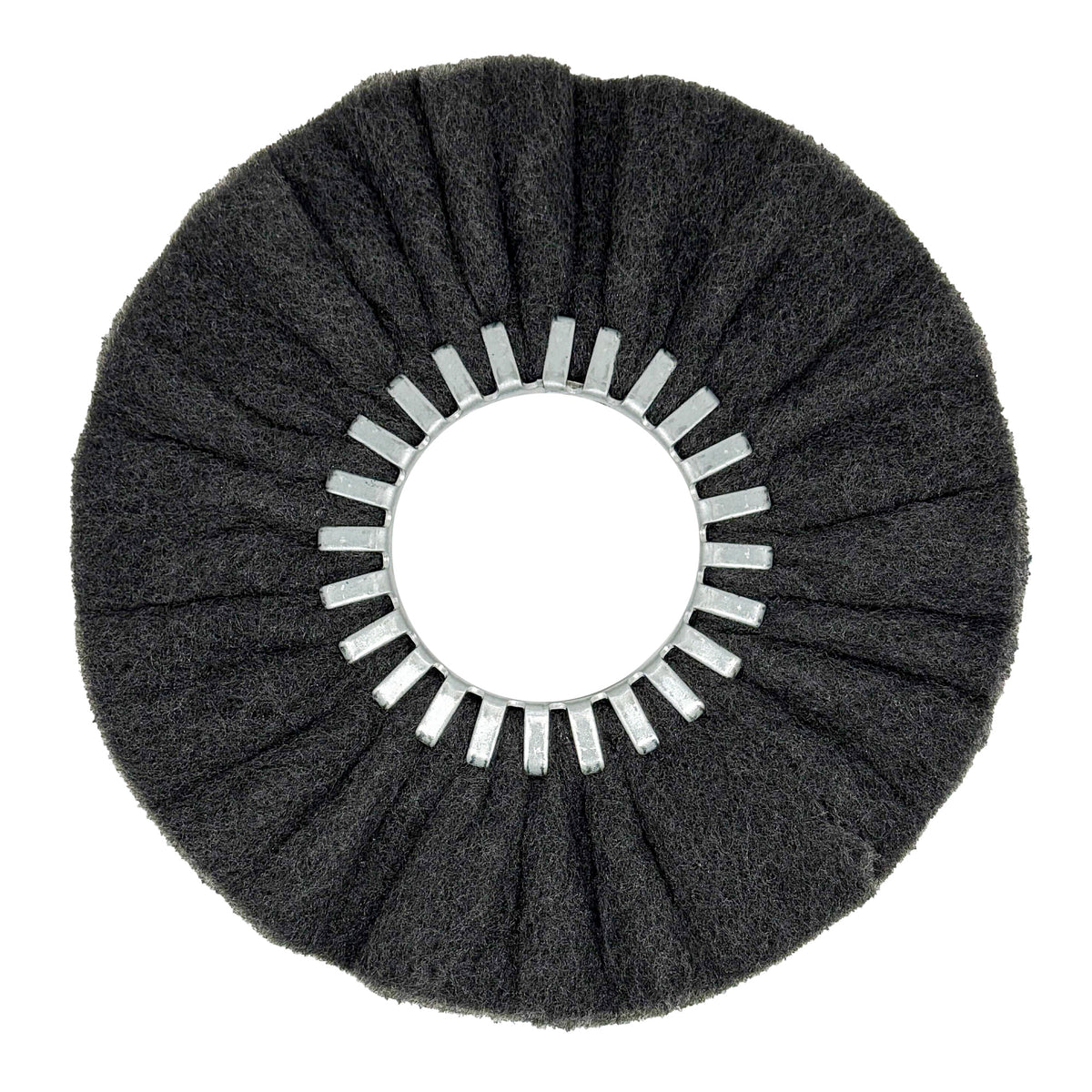 Alt text: Ultra-Fine Black Satin Airway Buffing Wheel for Angle Grinders, perfect for metal restoration and pre-polish prep.