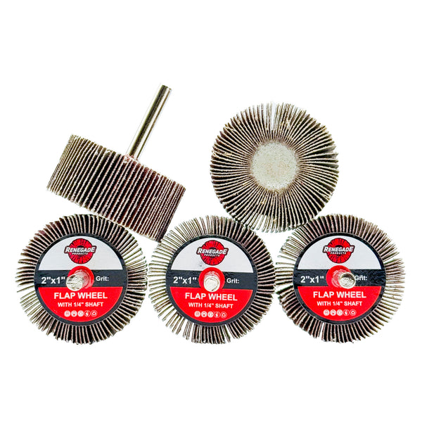 Five 2-inch by 1-inch Mini Flap Wheels with quarter-inch shanks
