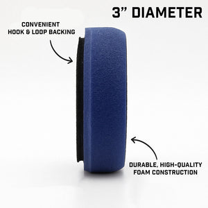 infographic and side view of Renegade Products 3-inch foam polishing pad with hook & loop backing, featuring durable, high-quality foam construction for efficient detailing