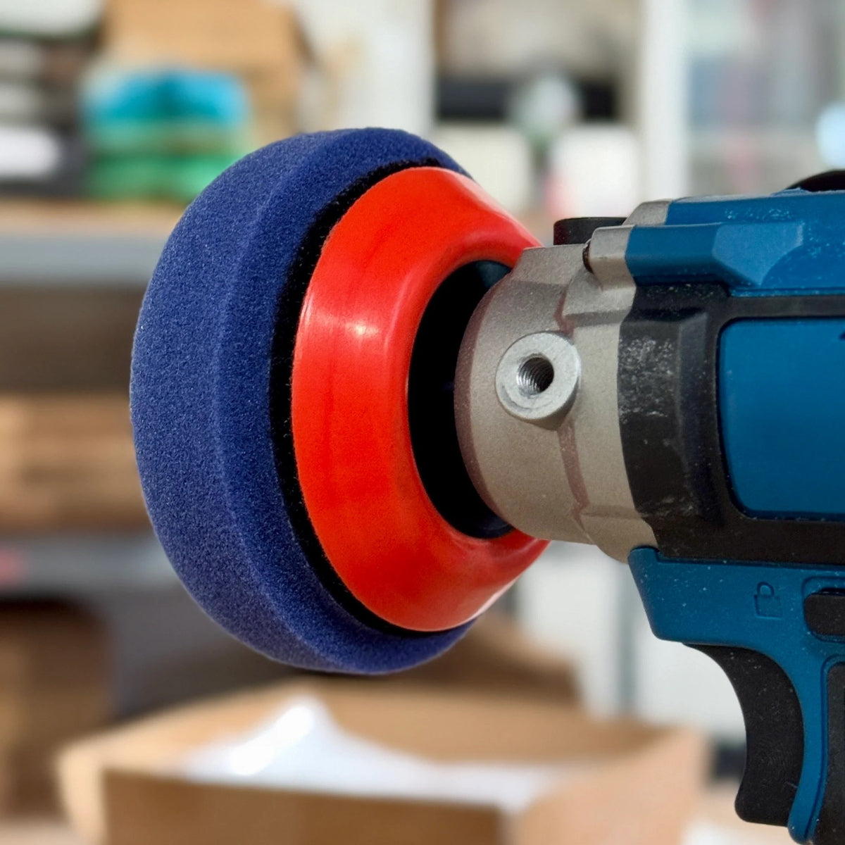 3" Foam Pad for Metal and Paint Polishing from Renegade Products USA attached to a 1/4 inch driver drill with a 3" backing pad