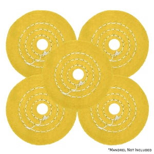 Assorted mini buffing wheels in yellow mill treat and untreated varieties, ranging from 2 to 4 inches, suitable for detailed polishing projects.