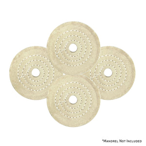 Assorted mini buffing wheels in yellow mill treat and natural muslin, with 1/2 arbor hole, suitable for detailed polishing tasks.