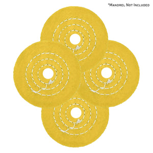 Assorted mini buffing wheels in yellow mill treat and untreated varieties, ranging from 2 to 4 inches for detailed polishing projects.