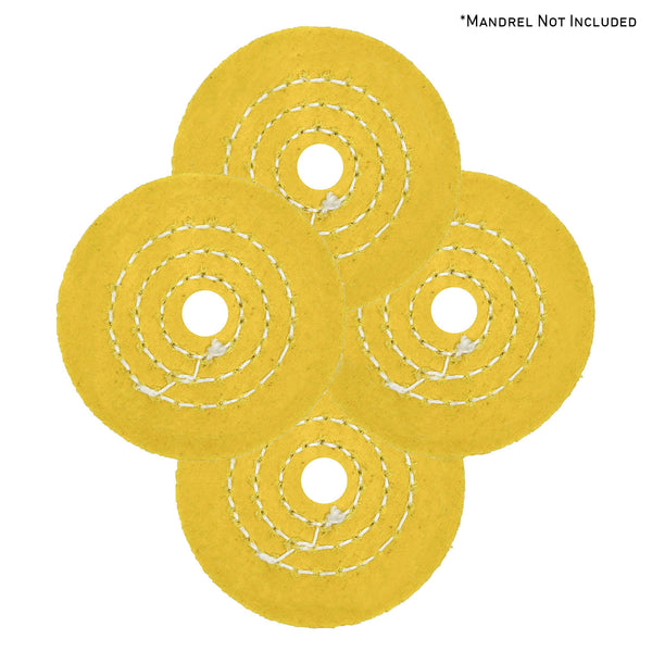 Assorted mini buffing wheels in yellow mill treat and untreated varieties, ranging from 2 to 4 inches for detailed polishing projects.