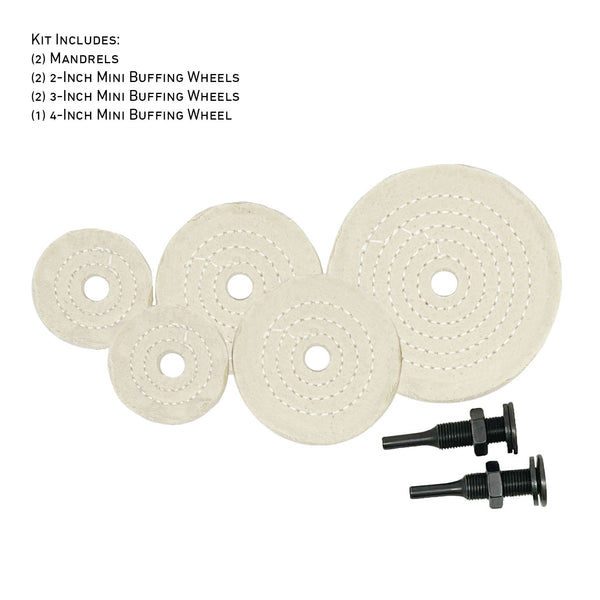 Assorted mini buffing wheels in yellow mill treat and untreated muslin, ranging from 2 to 4 inches for detailed polishing projects.