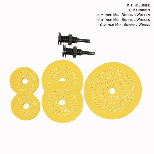 Assorted Mini Buffing Wheels with 1/2 Arbor Hole, 2-4 inch diameters, 20-60 ply, for detailed metal polishing projects.