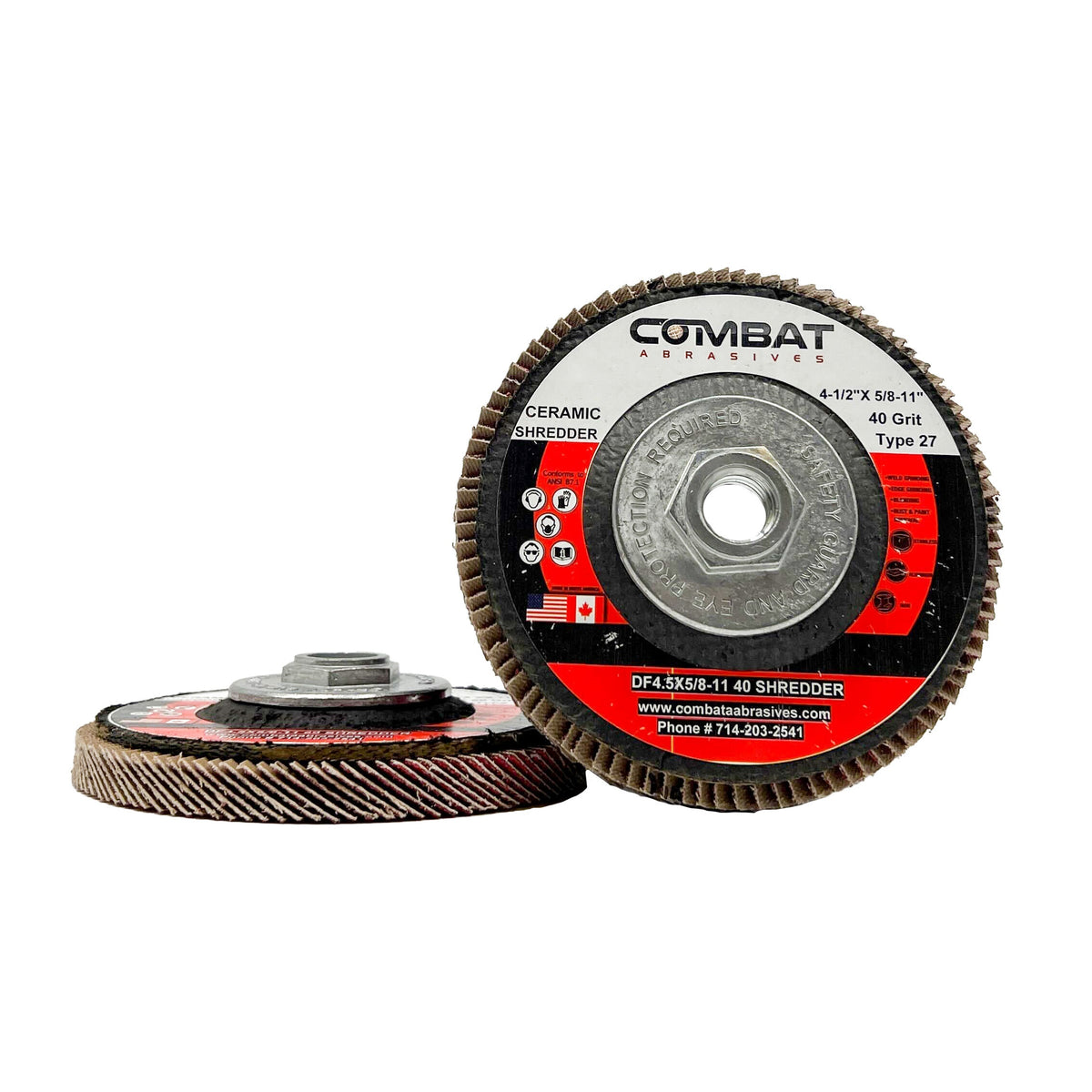Side and top view of Renegade Products USA Ceramic Shredder Flap Discs, sized 4-1/2&quot; x 5/8-11&quot;, with Hub (Type 29) and labeled as having 5X LIFE! The image showcases the 40 Grit texture and sturdy construction of the discs. Specifically designed for high-performance grinding and polishing, these flap discs offer a long-lasting and efficient solution for metalworking professionals.