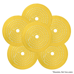 Assorted mini buffing wheels in yellow mill treat and untreated muslin, ranging from 2 to 4 inches for detailed polishing tasks.