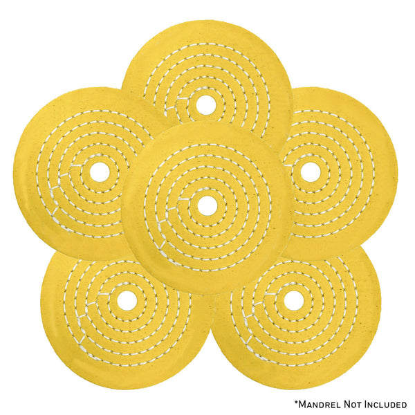 Assorted mini buffing wheels in yellow mill treat and untreated muslin, ranging from 2 to 4 inches for detailed polishing tasks.