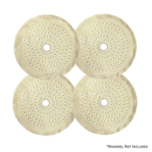 Assorted Mini Buffing Wheels in yellow mill treat and untreated muslin, with varying diameters and ply counts for detailed polishing.