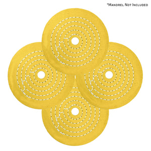 Assorted mini buffing wheels in yellow mill treat and untreated varieties, ranging from 2 to 4 inches, ideal for detailed metal polishing projects.