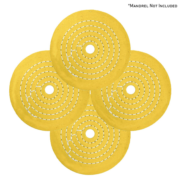 Assorted mini buffing wheels in yellow mill treat and untreated materials, for detailed metal polishing, 2 to 4 diameters.