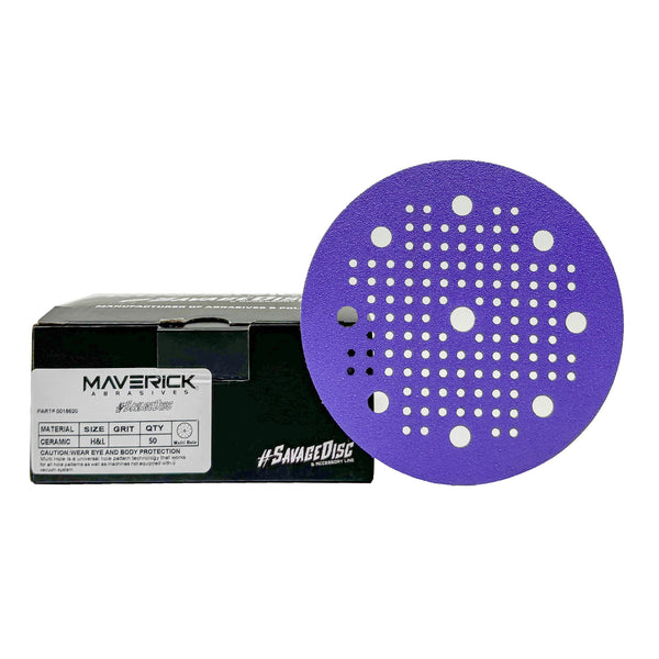 Pack of 50 Renegade Products 5-inch and 6-inch Savage Ceramic Sanding Discs with multi-hole design for orbital sanders.