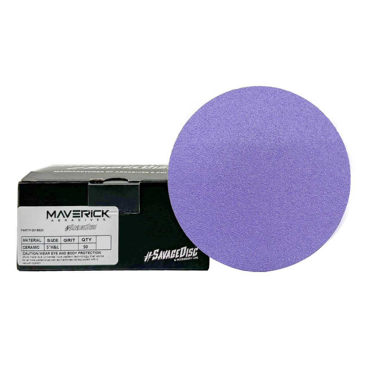 Five-inch no-hole Savage Ceramic Sanding Discs with product box