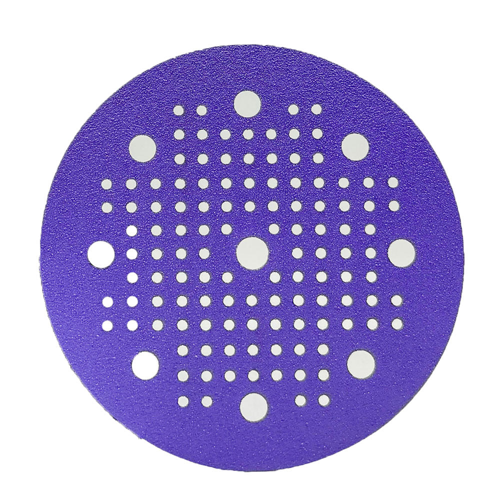 Alt text: Pack of 50 Renegade Products Savage Ceramic Sanding Discs, 5-inch and 6-inch, multi-hole design for orbital sanders.