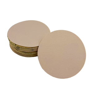 Pack of 50 white and gold 5 and 6 hook & loop aluminum oxide sanding discs for metal polishing.