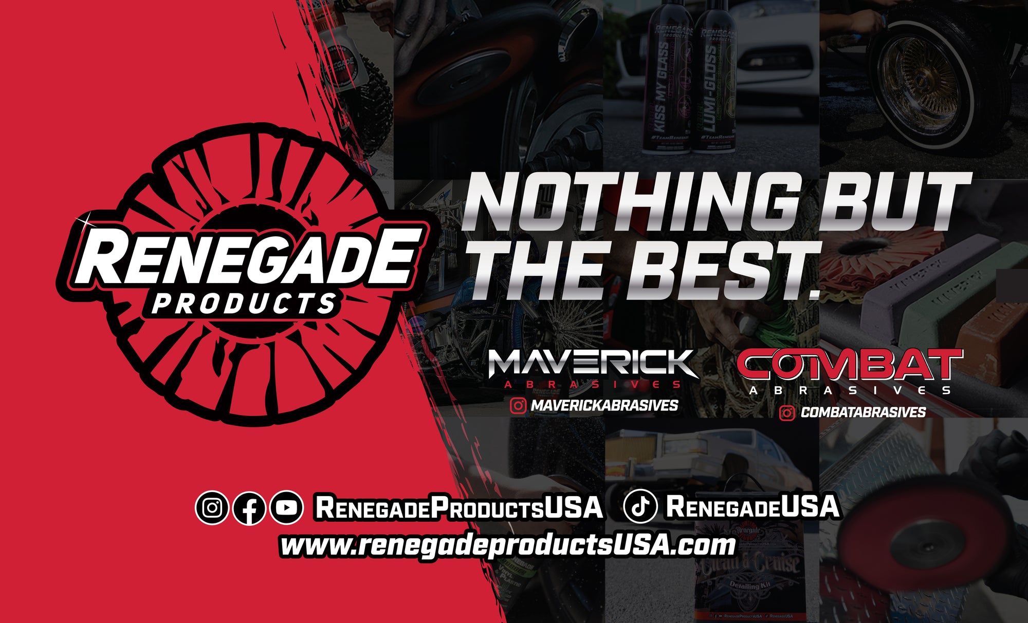 Renegade Products 3' x 5' banner with logo, made from heavyweight vinyl with grommet holes for hanging.