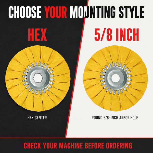 Six-inch Mini Airway Buffing Wheel hex-center and 5/8-inch arbor mounting options