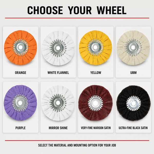Six-inch Mini Airway wheel selection: orange, flannel, yellow, UBM, purple, mirror-shine and satin grades