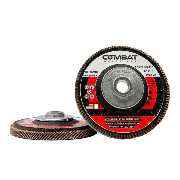 Ceramic Shredder Flap Discs 4-1/2 x 5/8-11 Type 29 with Hub, ideal for rapid material removal on wood and metal.