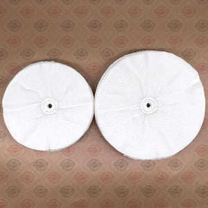 Single-stitched loose-ply buffing wheel made from Domet Flannel or Mirror Shine Material for metal polishing.