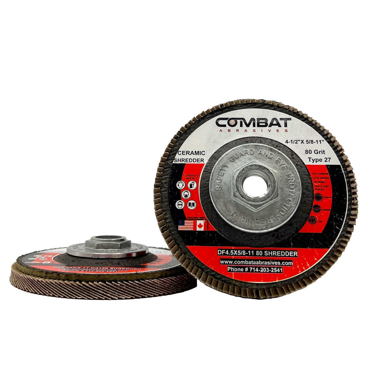 Side and top view of Renegade Products USA Ceramic Shredder Flap Discs, sized 4-1/2&quot; x 5/8-11&quot;, with Hub (Type 29) and labeled as having 5X LIFE! The image showcases the 80 Grit texture and sturdy construction of the discs. Specifically designed for high-performance grinding and polishing, these flap discs offer a long-lasting and efficient solution for metalworking professionals.