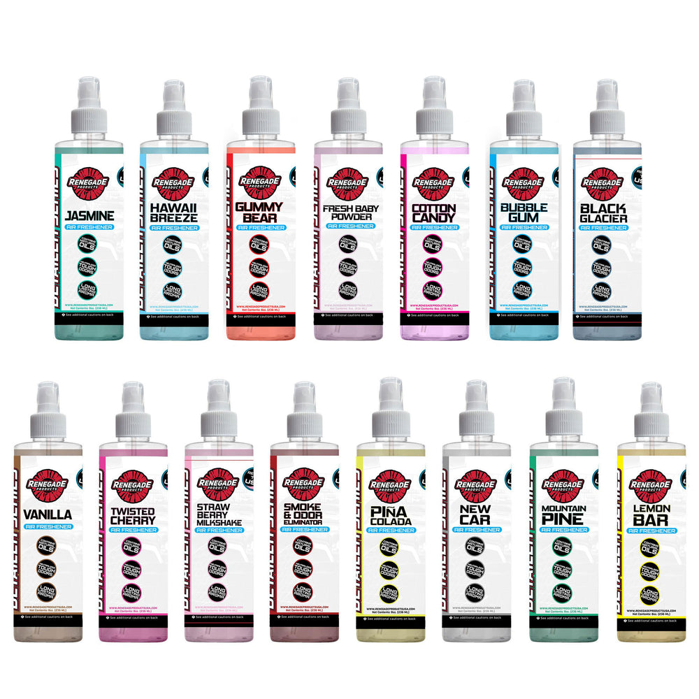 Variety of Renegade Detailer Series Air Fresheners in different scents displayed with usage instructions.