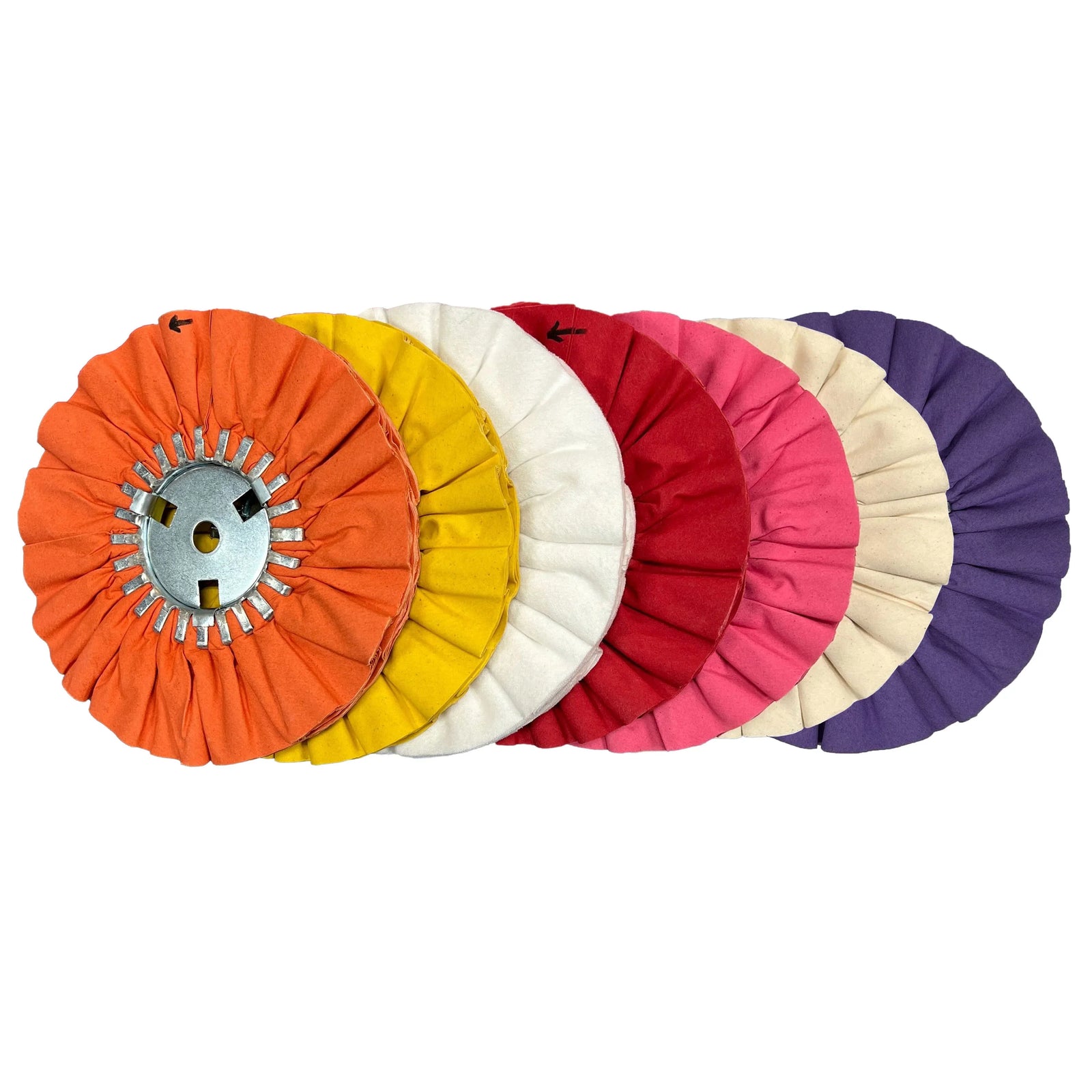Case Pack of 5 Airway Buffing Wheels, ideal for metal polishing with various stiffness levels for aluminum and stainless steel.