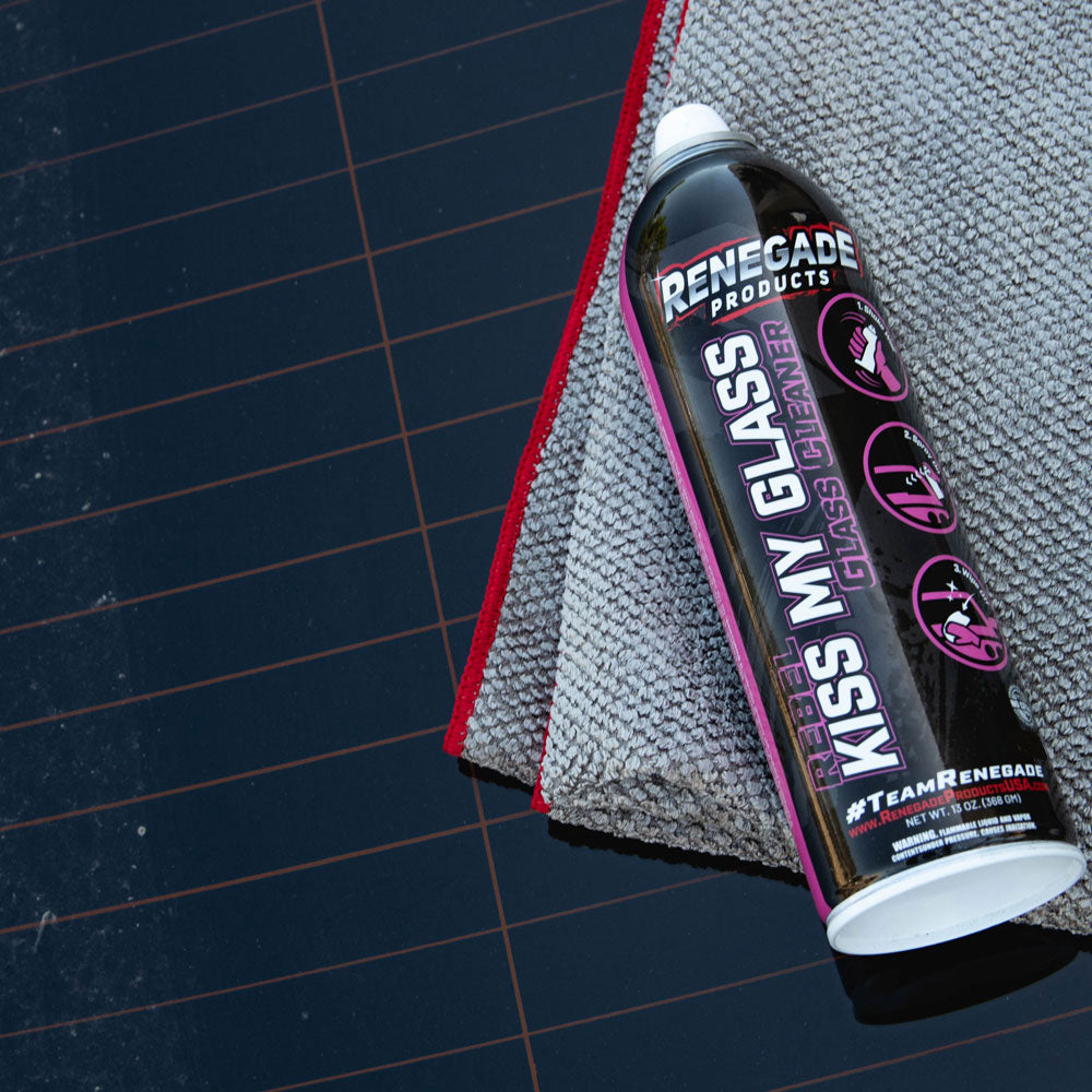 Renegade Kiss My Glass Aerosol Cleaner canister, ideal for streak-free cleaning on glass surfaces.