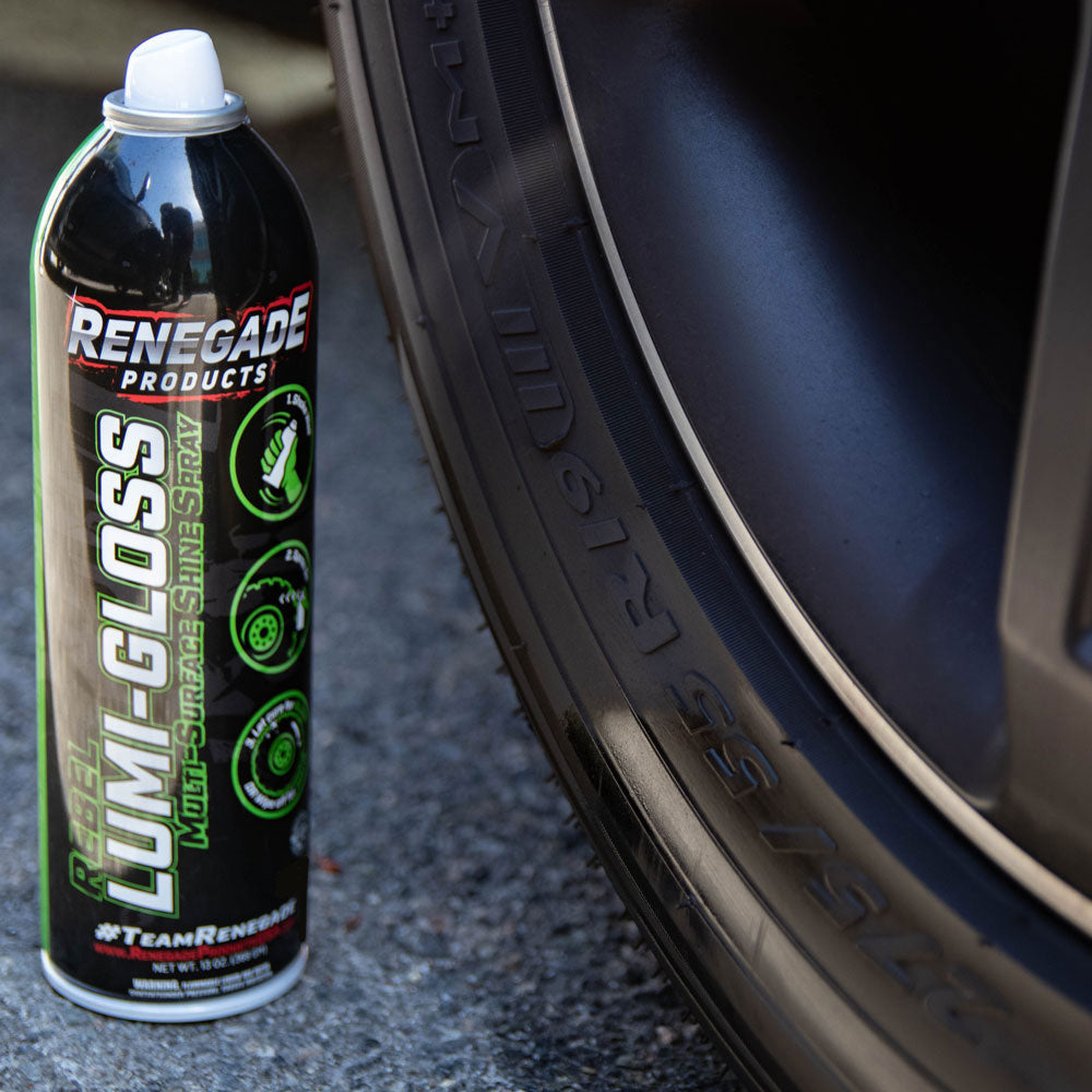 Bottle of Renegade Lumi-Gloss Multi-Surface Shine Spray with logo and usage instructions visible.