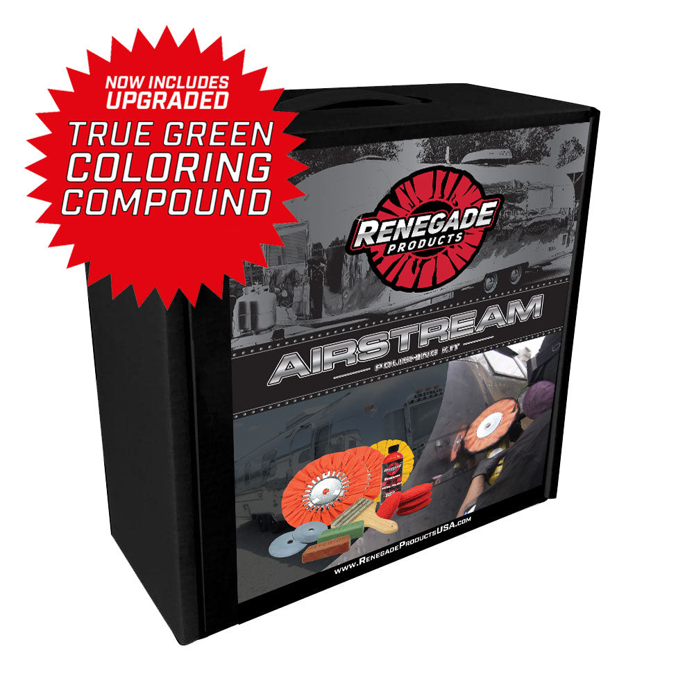 Alt text: Complete Airstream Polishing Kit with buffing wheels, polishing compounds, liquid polish, and accessories for aluminum trailers.