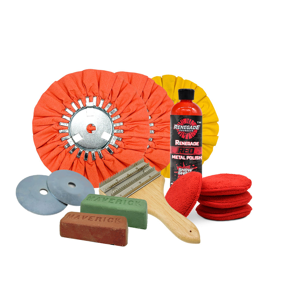Alt text: Complete Airstream Polishing Kit with buffing wheels, polishing compounds, and accessories for aluminum trailers.