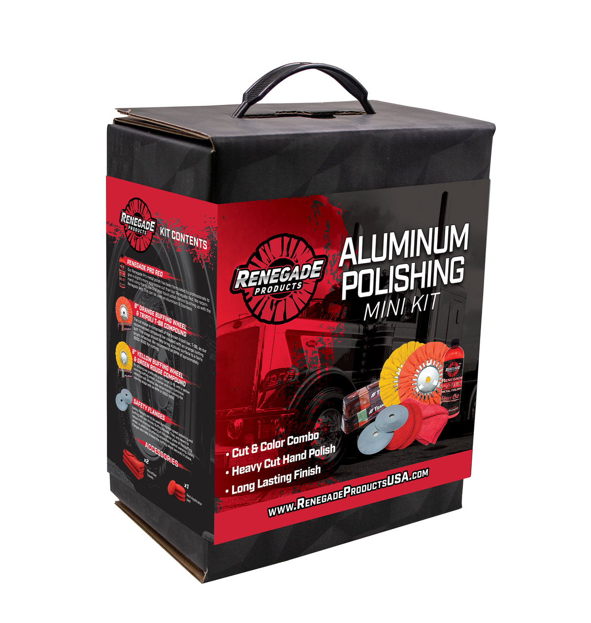 Renegade Aluminum Polishing Mini Kit with buffing wheels, polishing compounds, and microfiber towels for professional results.